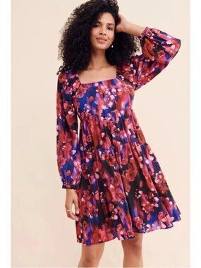 Free People Vero Moda Red & Blue Floral Long Sleeve Square Neck Dress